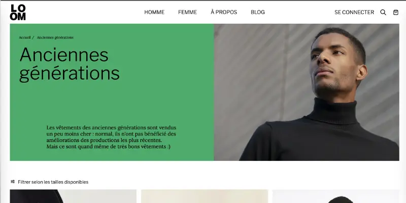 Exemple e-commerce de la marque Loom qui vend ses anciens produits